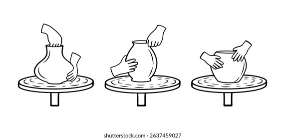A set of icons from the clay pottery studio. The concept of a creative handmade craft. Traditional handmade ceramics, vector black and white illustration