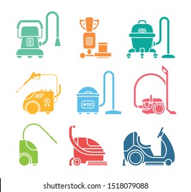 Set of icons for cleaning service tools. Collection of icons presenting equipment for cleaning homes and offices. Housework professional assistance.