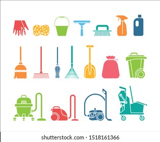 Set of icons for cleaning service tools. Collection of icons presenting equipment for cleaning homes and offices. Housework professional assistance.