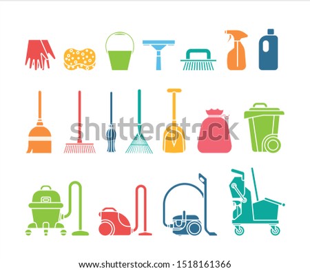 Set of icons for cleaning service tools. Collection of icons presenting equipment for cleaning homes and offices. Housework professional assistance.