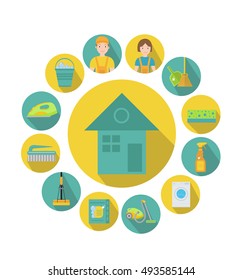 Set of icons for cleaning tools. Cleaning the house, infographics. Flat design style. Vector illustration