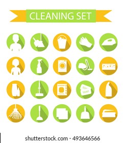 Set of icons for cleaning tools. House cleaning. Cleaning supplies. Flat design style. Cleaning design elements. Vector illustration