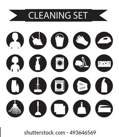 Set of icons for cleaning tools. House cleaning. Cleaning supplies. Flat design style. Cleaning design elements. Vector illustration