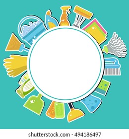 Set of icons for cleaning tools. House cleaning. Cleaning supplies. Flat design style. Cleaning design elements. Vector illustration