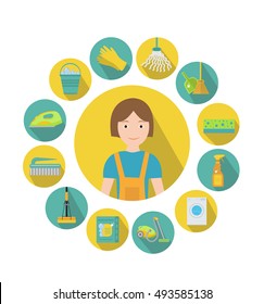Set of icons for cleaning tools. Cleaning staff, infographics. Flat design style. Vector illustration