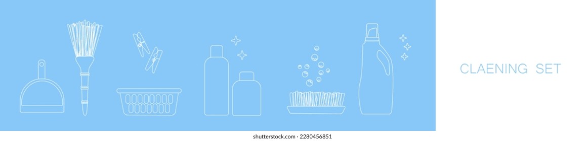 Set of icons for cleaning tools. Template for text. House cleaning staff. Flat design style. Cleaning design elements. Vector illustration. ICONS FROM WHITE LINE ON BLUE BACKGROUND. Place for text.
