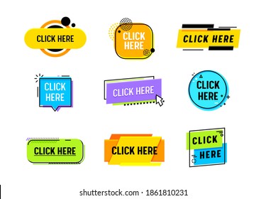 Juego de iconos Haga clic aquí o Promo Banner, Promoción de Internet, Botón para entrar en la página Web. Puntero digital, Navegación por sitio web, carteles aislados en fondo blanco. Ilustración de vectores de arte de línea