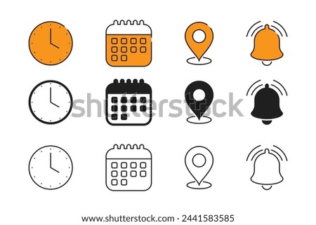 A set of icons, a clock, a calendar, an address pointer, and a bell.