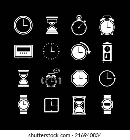 Set icons of clock isolated on black. Vector illustration