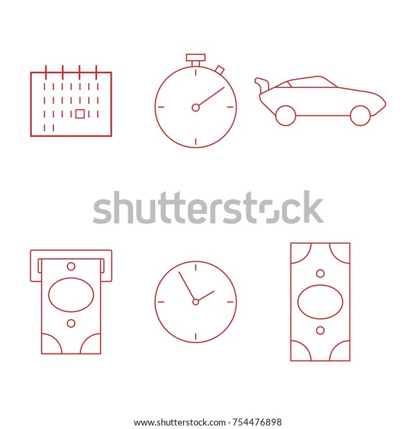 Set icons clock, stopwatch,\
banknote, sports car, calendar. Vector illustration of money, bill,\
calendar, clock. Icons on the theme of finance and\
business.