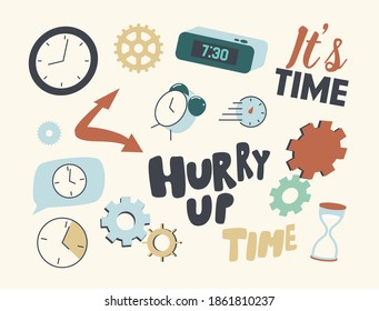 Set of Icons Clock and Time Concept. Alarm Clock with Digital Dial, Cogwheels, Gears Mechanism Details and Watch with Hourglass with Arrows and Hurry Up Typography. Linear Vector Illustration