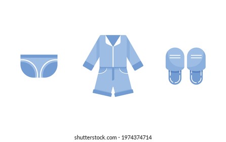 Set of icons with clothes for home, sleep and bedroom. Pajamas, underwear and slippers. Vector in flat design. Blue color