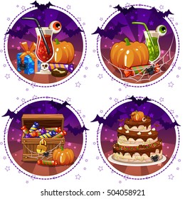 set icons, cocktails and pumpkin for Halloween, candy box and gift