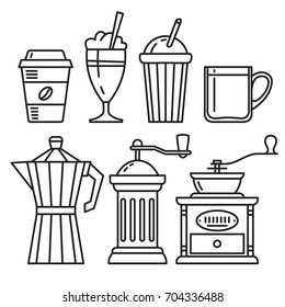 Set of icons of coffee accessories, coffee grinder, mug, coffee pot Vector illustration