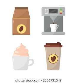 Set of icons coffee cup with cream, coffee machine, coffee to go and coffee beans package.