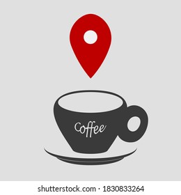 Set of icons Coffee cup and GPS position mark in gray, red colors. Vector. White background