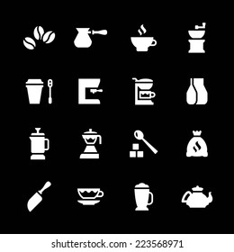 Set icons of coffee isolated on black. Vector illustration