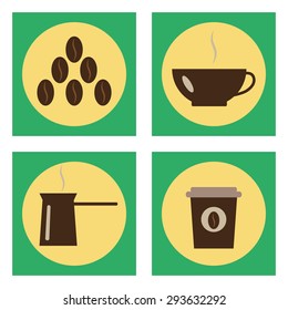 Set of icons for coffee theme. The cup, coffee beans, cezve and a paper coffee cup on yellow. 