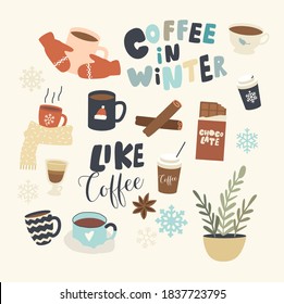 Set of Icons Coffee in Winter Theme Cup and Mug with Hot Beverage, Knitted Scarf and Cinnamon Sticks, Potted Plant, Chocolate Bar, Snow Flakes with Mittens and Typography. Linear Vector Illustration