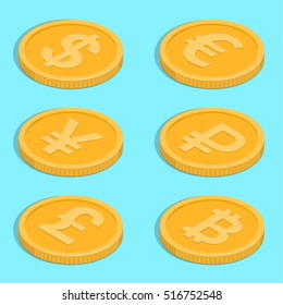 Set of icons of coins. Bank notes dollar, euro, pound sterling, yuan, ruble, bitcoin. Symbols of currencies in isometric, 3D style. Vector illustration.