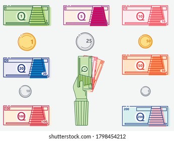 
Set of icons with the coins and bills of the Guatemalan economy and illustration of the Guatemalan economy