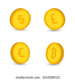 A set of icons of coins on the isolated white background.Bank notes dollar, Bank notes euro, pound sterling, , bitcoin.Template design of income and profits. Business and money concept.