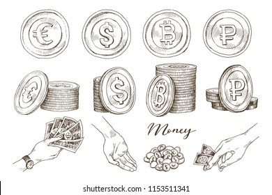 A set of icons of coins on the isolated white background. Bank notes dollar, Bank notes euro, ruble, bitcoin. Symbols of currencies in hand drawn sketch style. Vector illustration. Business, economy