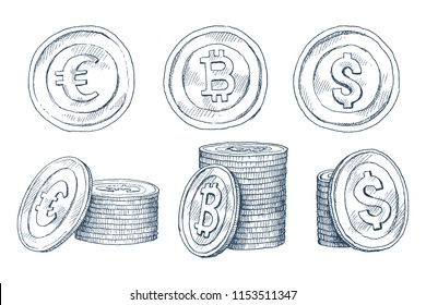 A set of icons of coins on the isolated white background. Bank notes dollar, Bank notes euro, bitcoin. Symbols of currencies in hand drawn sketch style. Vector illustration. Business, economy concept.