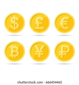 A set of icons of coins on the isolated white background.Bank notes dollar,  Bank notes euro, pound sterling, yuan, ruble, bitcoin.Symbols of currencies in flat style. Vector illustration.