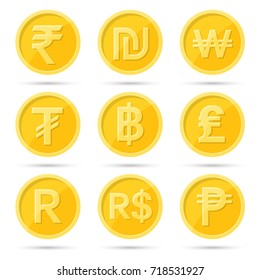 Set of icons coins on the isolated white background.Signs rupee, baht,lira, shekel, dollar, tugrik, peso, rand,won.Symbols of currencies of the countries of the world.Flat design. Vector illustration.