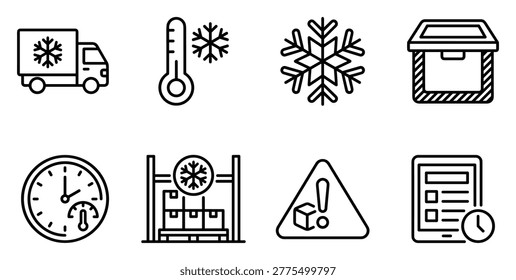 Set of icons for cold chain logistics, temperature control, delivery truck, snowflake, thermometer, box, and timer.