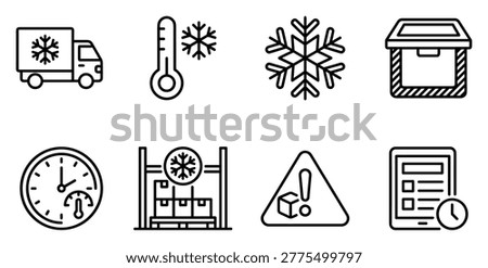 Set of icons for cold chain logistics, temperature control, delivery truck, snowflake, thermometer, box, and timer.