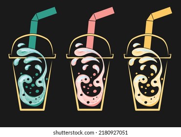 Set of icons of cold juice with a glass with a straw. Vector illustration in a watercolor style