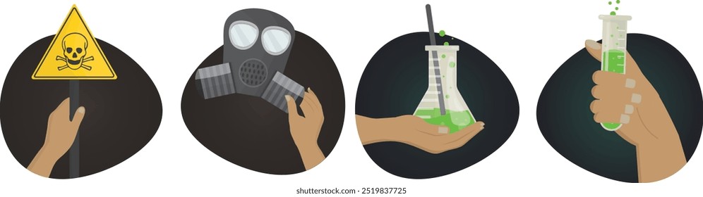 Conjunto de ícones. Uma coleção de quatro ícones que ilustram os perigos dos produtos químicos nocivos: um sinal de crânio e ossos cruzados, uma máscara de gás, um copo com líquido verde e um tubo de ensaio com líquido verde