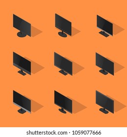 Set of icons, collection of various computer monitors, isolated on yellow background. Element design of digital devices. Flat 3d isometric style, vector illustration.