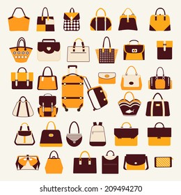 Set icons of  collection with Women handbags  travel bag and business bags briefcase  