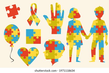 A set of icons from color puzzle pieces for world autism awareness day. Different symbols of diversity diseases autistic spectrum. Flat vector illustrations isolated on white.