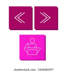 Set of icons in a colored frame with arrows and a man giving a lecture
