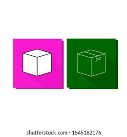 Set of icons in a colored frame with a white cube and cardboard carbox with handles