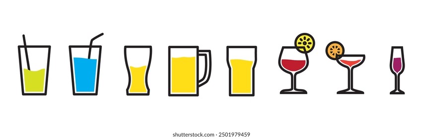 Set of icons of colored glasses for various drinks in flat style. Several glass icons and decorations for glasses of beer, wine, alcohol, martini, champagne, Vector illustration isolated on transparen