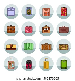 Set of icons from colored suitcases on a two-color gray background