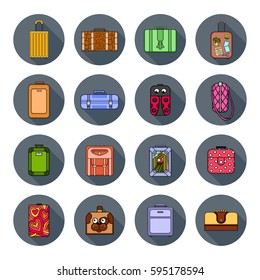 Set of icons from colored suitcases on a dark gray background with a shadow