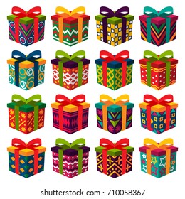 set of icons for colorful gifts in flat design style