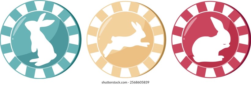 set of icons of colorful poker chips for Easter with prints, shadow of Easter rabbits in different poses