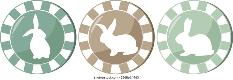 set of icons of colorful poker chips for Easter with prints, shadow of Easter rabbits in different poses with big ears	