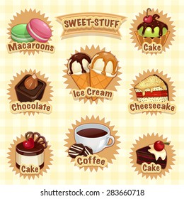 Set icons of colorful tasty (isolated ice cream, chocolate, cake, macaroons)