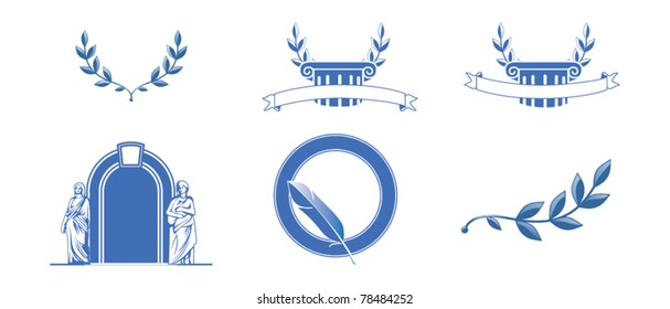 set of icons with columns and wreaths, guill and statues