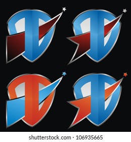 set of icons with comet on colorful shields