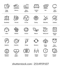 Set icons for comfortable and healthy sleep showing benefits and advantages. The outline icons are well scalable and editable. Contrasting elements are good for different backgrounds. EPS10.	