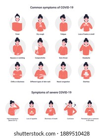 Set icons common and severe symptoms of Covid 19, nCoV, covid-19. Flat vector cartoon modern illustration.